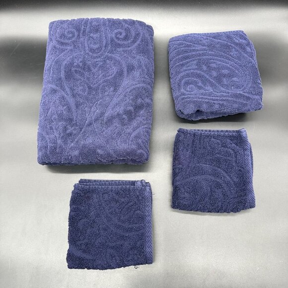 Lauren Ralph Lauren Blue Cotton Towel Set Sculpted Bath Hand Towel 2 Washcloths - Picture 2 of 10